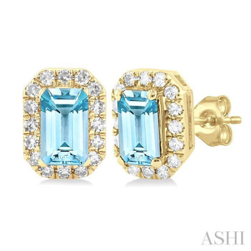 5x3 MM Octagonal Shape Aquamarine and 1/8 Ctw Single Cut Diamond Halo Semi-Precious Stud Earrings in 10K Yellow Gold